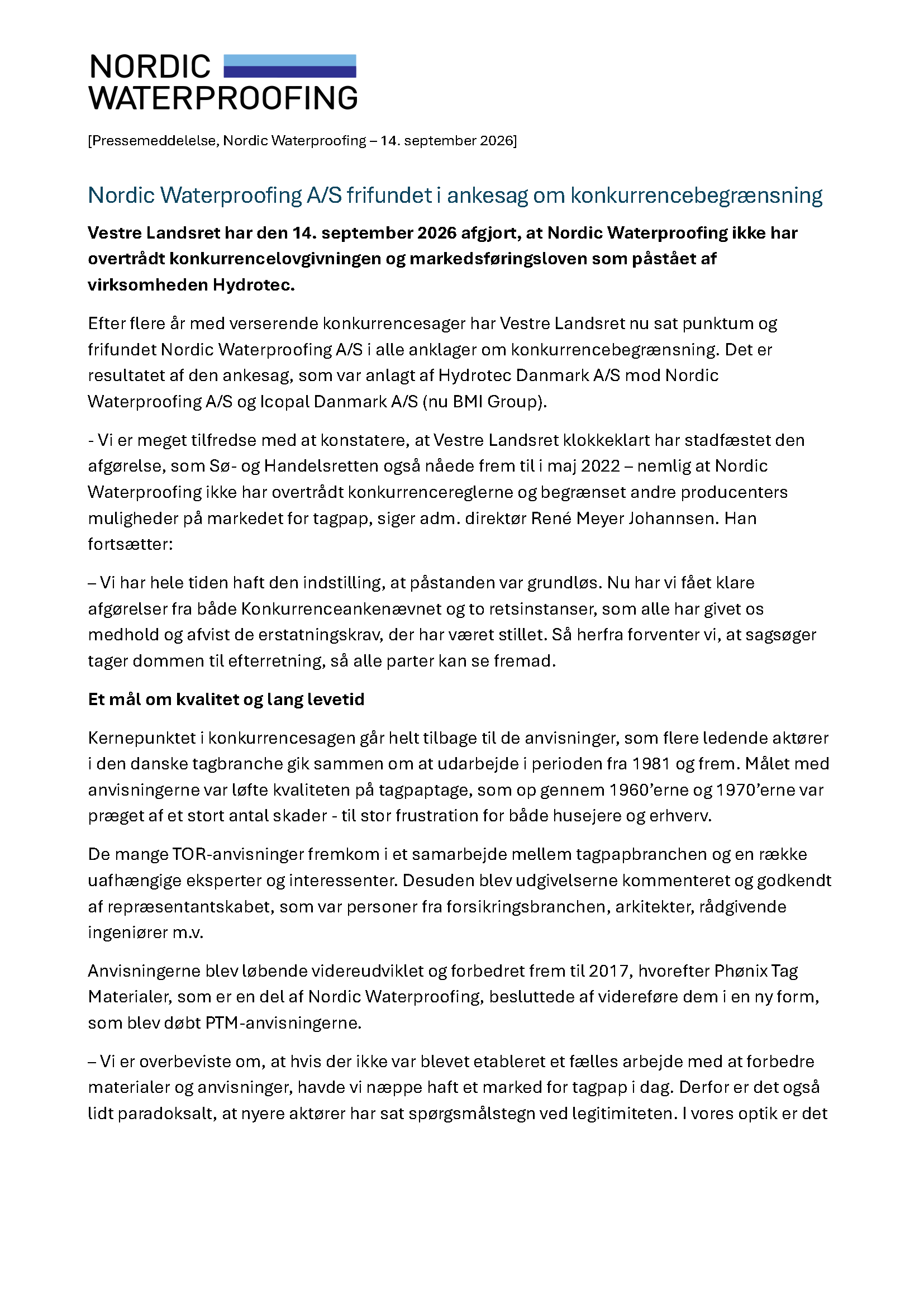 260914 Nordic Waterproofing PM Medhold I Ankesag Om Konkurrenceforhold Page 1