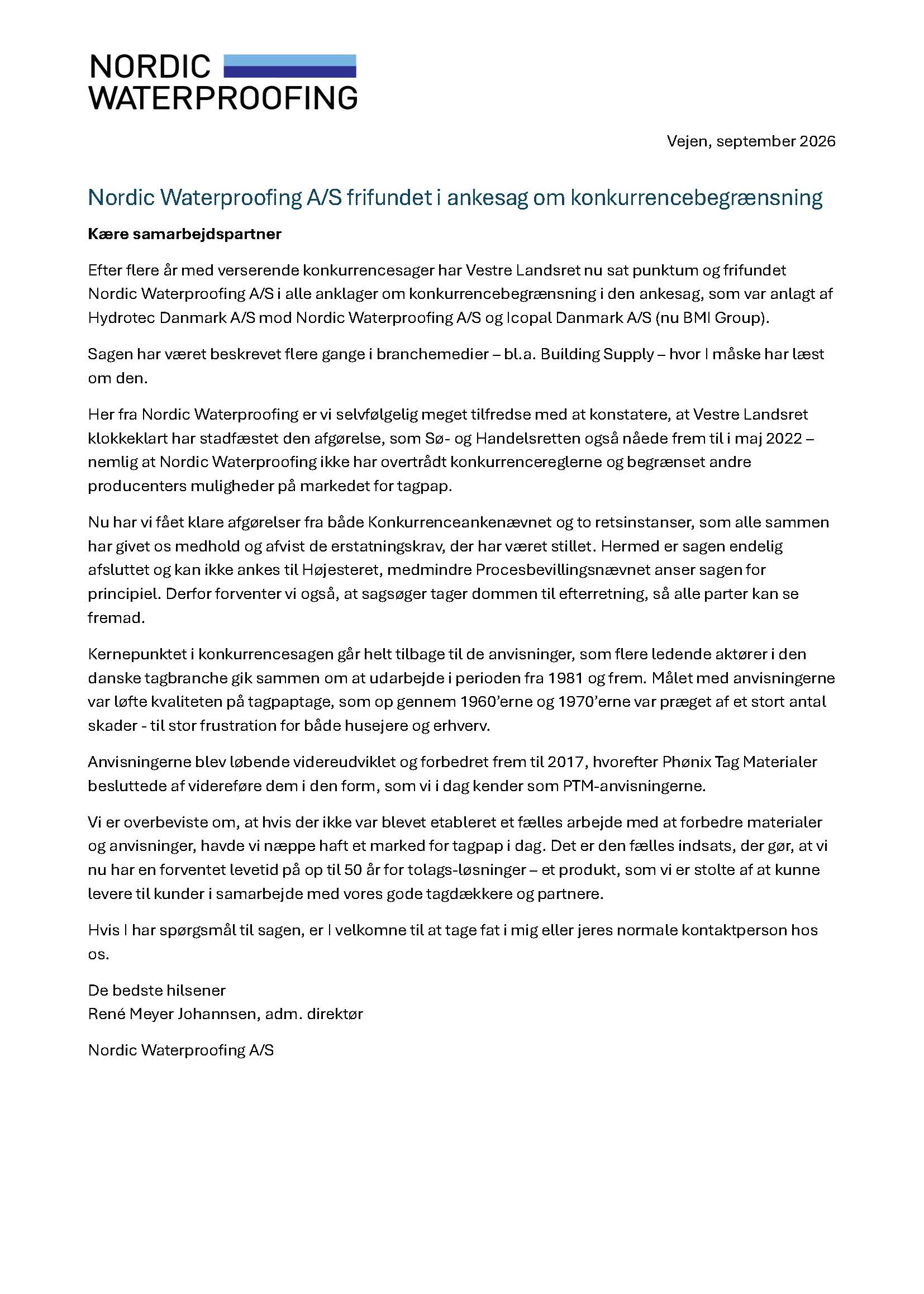 260914 Nordic Waterproofing Brev Til Samarbejdspartnere Ankesag Om Konkurrenceforhold